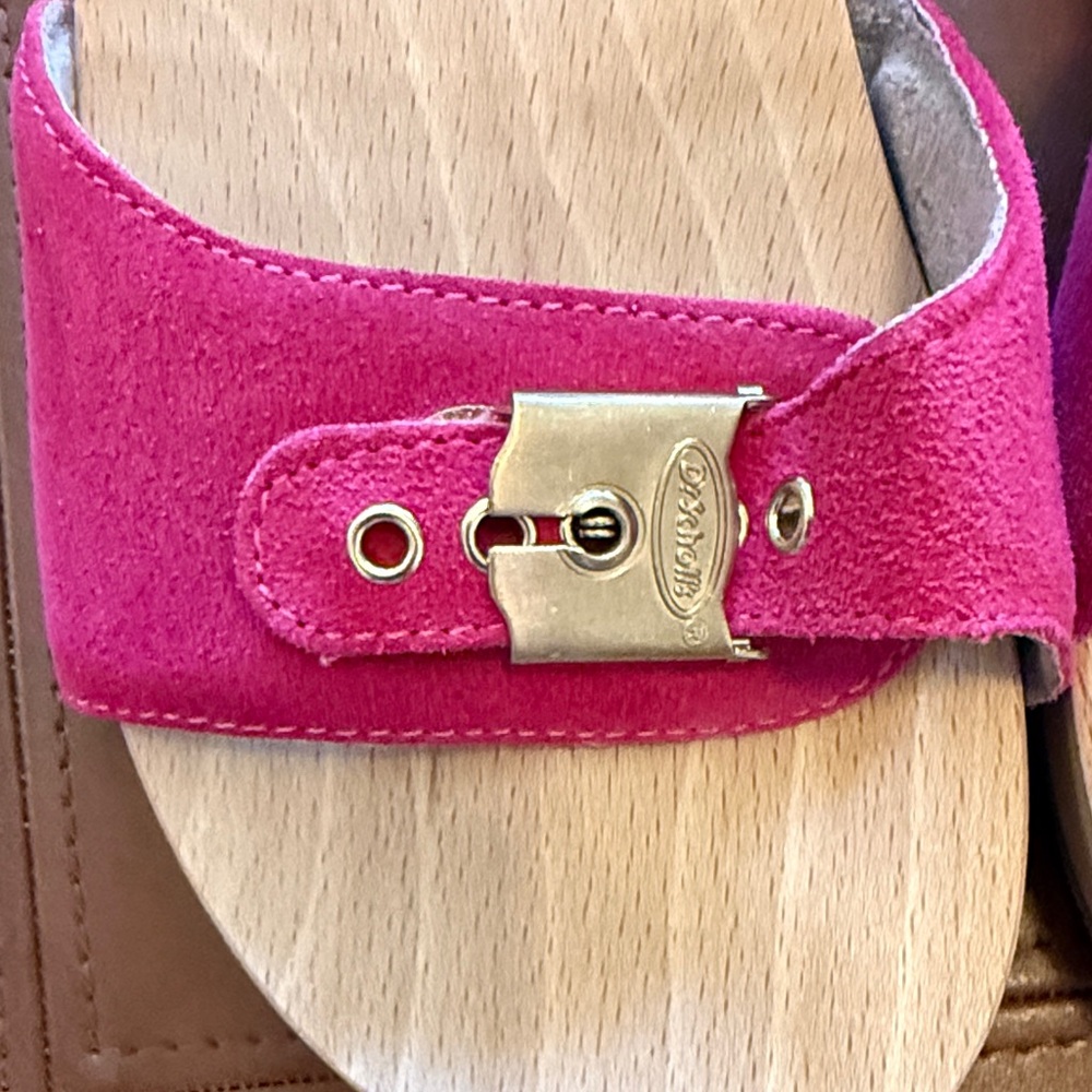 Dr. Scholl's Hot Pink Suede Slide Sandals with Gold Buckle - Picture 5 of 5